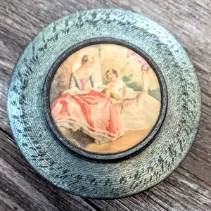 Vintage Victorian Powder Box Tin Two Women Sitting Circle Top Art